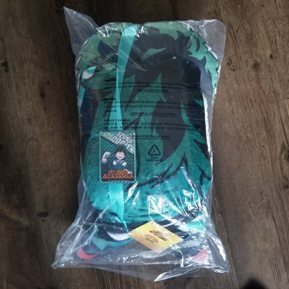 MHA Deku 3 Piece Gift Set: Large Deku-Shaped Pillow, Feece Blanket, Foil Sticker - Picture 2 of 5